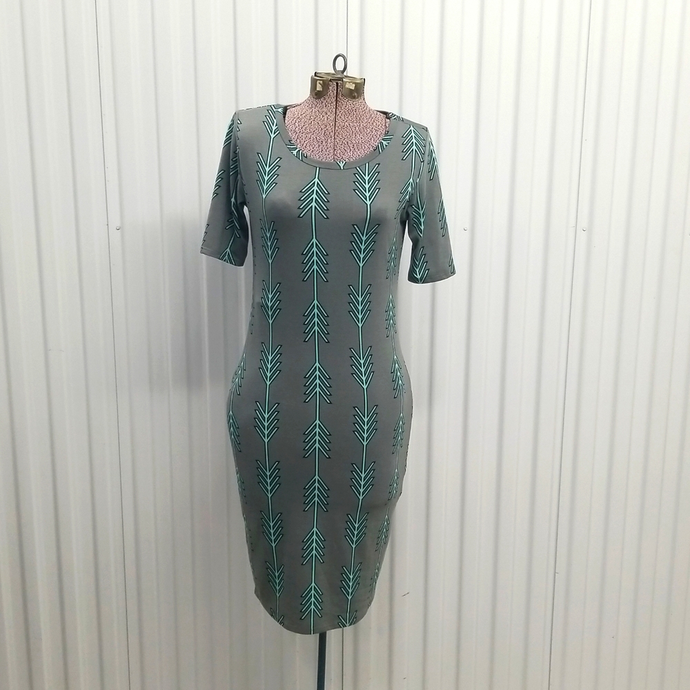 Lula Roe Midi Gray Dress with Sea Green arrows